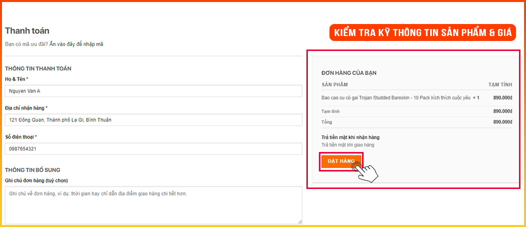 Bước 3: Điền đầy đủ và chính xác thông tin nhận hàng vào form bên dưới, bao gồm: họ tên, số điện thoại, địa chỉ nhận hàng.