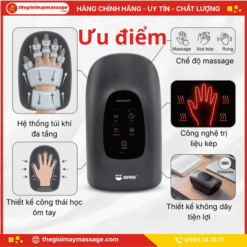 Ưu điểm vượt trội của máy Massage tay JAPANI MST-2542 • Hệ thống túi khí đa tầng: Thiết kế túi khí bao bọc toàn bộ lòng bàn tay, các ngón tay và cổ tay, tạo lực bóp nhả nhịp nhàng giúp thư giãn cơ và giảm mỏi hiệu quả. • Đa dạng chế độ massage: Cung cấp các liệu pháp từ thư giãn nhẹ nhàng đến xoa bóp chuyên sâu, mô phỏng các kỹ thuật massage truyền thống như nén, xoa bóp và rung, giúp giảm căng thẳng và phục hồi cơ tay hiệu quả. • Công nghệ trị liệu kép (massage + sưởi ấm): Kết hợp xoa bóp và chườm nóng giúp tăng cường lưu thông máu, làm dịu cơ và khớp tay bị đau, đặc biệt hữu ích cho người bị viêm khớp hoặc hội chứng ống cổ tay. • Thiết kế công thái học ôm trọn bàn tay: Đảm bảo bao phủ toàn bộ bàn tay và cổ tay, mang lại trải nghiệm massage thoải mái và hiệu quả tối đa. • Thiết kế không dây tiện lợi: Cho phép sử dụng linh hoạt, dễ dàng mang theo và tận hưởng massage mọi lúc mọi nơi như khi đọc sách, xem phim hoặc làm việc tại văn phòng. Thông tin chi tiết về máy Massage tay JAPANI MST-2542 Để hiểu rõ tại sao JAPANI MST-2542 lại được ưa chuộng, chúng ta cần điểm qua bảng thông số kỹ thuật ấn tượng của sản phẩm này: Thương hiệu: JAPANI. Mã sản phẩm: MST-2542 Công suất: 7.5W – Tối ưu hóa việc tiết kiệm năng lượng nhưng vẫn đảm bảo lực nén mạnh mẽ. Điện áp: 5V – An toàn tuyệt đối cho người sử dụng. Chất liệu: Nhựa ABS nguyên sinh, có độ bền cao, chống bám bẩn và thân thiện với làn da. Trọng lượng: Chỉ 0.7kg, cực kỳ nhẹ nhàng để cầm nắm hoặc di chuyển. Thời gian sạc: 1-3 giờ thông qua cổng sạc hiện đại. Phụ kiện đi kèm: Cáp sạc Type-C, sách hướng dẫn sử dụng và phiếu bảo hành chính hãng 18 tháng. Công nghệ máy mát xa tay JAPANI MST-2542 Trái tim của máy massage tay JAPANI MST-2542 nằm ở công nghệ nén khí thông minh. Khác với các dòng máy cũ chỉ rung đơn thuần, MST-2542 sử dụng các túi khí co bóp liên tục theo nhịp điệu. Khi khởi động, các túi khí này sẽ đầy dần lên, tạo ra một áp lực vừa đủ để ép sâu vào các huyệt đạo trọng yếu trong lòng bàn tay như huyệt Lao Cung, huyệt Hợp Cốc. Công nghệ này giúp giải phóng các axit lactic tích tụ trong cơ bắp sau một ngày dài làm việc, từ đó giảm thiểu tình trạng căng cứng và đau nhức. Hơn nữa, máy tích hợp cảm biến thông minh để điều chỉnh lực nén sao cho phù hợp với cấu tạo xương tay của từng người, đảm bảo sự thoải mái tối đa mà không gây đau rát. Các Huyệt Bấm Trên Bàn Tay Vùng massage dạng chấm được tạo ra bởi hàng trăm điểm massage nổi. Thiết kế này giúp tác động và bao phủ toàn bộ các huyệt đạo trên bàn tay, mang lại hiệu quả thư giãn và kích thích lưu thông tốt hơn. Phần phía trước của máy được thiết kế mở, cho phép bạn đưa tay vào một cách thoải mái và duỗi thẳng. Nhờ đó thiết bị có thể massage hiệu quả từ lòng bàn tay đến tận cổ tay, giúp thư giãn toàn diện. Cường độ rung của máy mát xa tay JAPANI MST-2542 Để đáp ứng nhu cầu của nhiều đối tượng khách hàng, từ những người có bàn tay nhạy cảm đến những người cần lực tác động mạnh, JAPANI MST-2542 được trang bị 5 chế độ massage với các cấp độ cường độ khác nhau. Cấp độ nhẹ: Phù hợp cho việc thư giãn hàng ngày, giúp lưu thông máu nhẹ nhàng cho nhân viên văn phòng. Cấp độ trung bình: Dành cho người bắt đầu có dấu hiệu tê mỏi, giúp làm giãn các cơ tay bị căng. Cấp độ mạnh: Lực nén sâu, chuyên dụng cho mục đích trị liệu, phù hợp cho người lớn tuổi bị cứng khớp hoặc người chơi thể thao cường độ cao (như tennis, cầu lông). Mỗi chế độ là một sự tính toán kỹ lưỡng về tần suất co bóp và xả khí, giúp người dùng dễ dàng tìm thấy