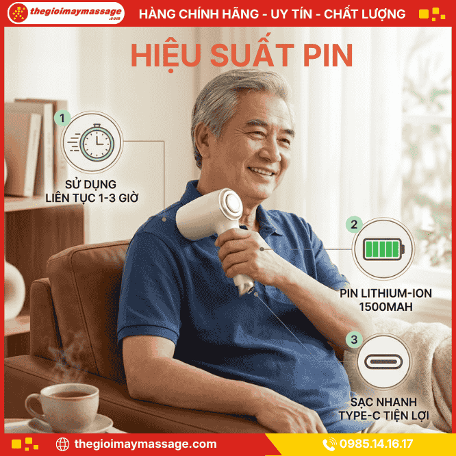 Hiệu suất pin vượt trội của máy massage cầm tay JAPANI MCT-4576